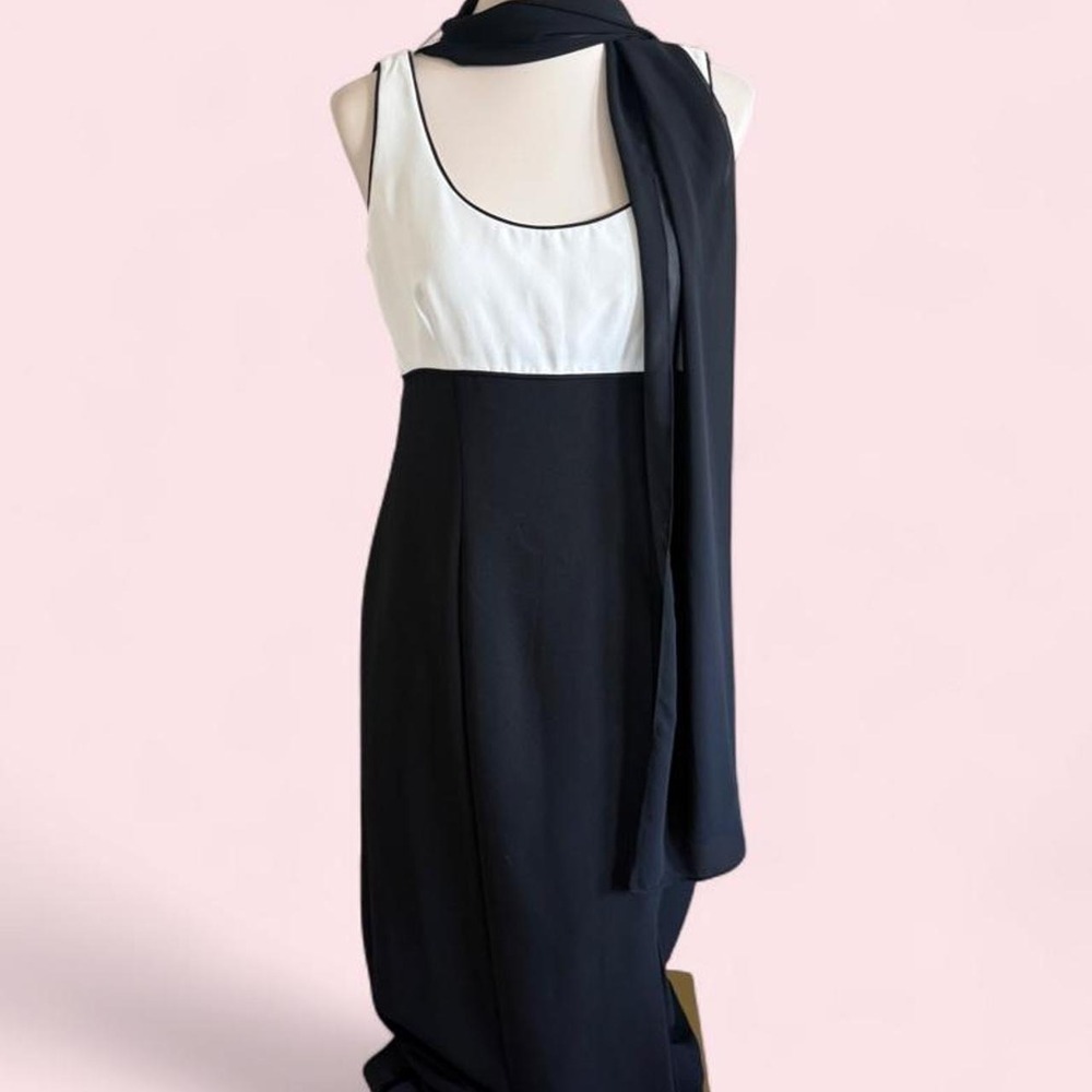 Liz Claiborne Night Black & White Colorblock Midi Dress with Scarf Size 8